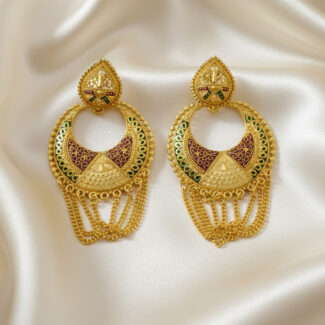 Gold Plated Traditional Jhumka Frame Earrings with Chain Tassels