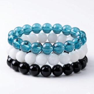 3pcs Beaded Bracelet Set – 8mm Stretchable (Black, White & Aqua Blue)
