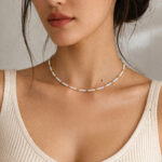 16 Inch White and Gold Beaded Choker Necklace Minimal Seed Beads Jewelry